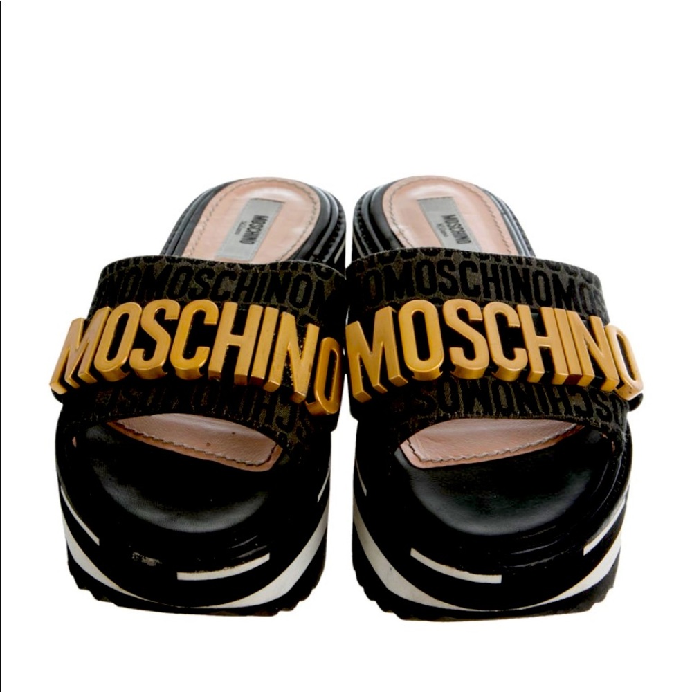 Black and grey canvas Moschino flatform slide